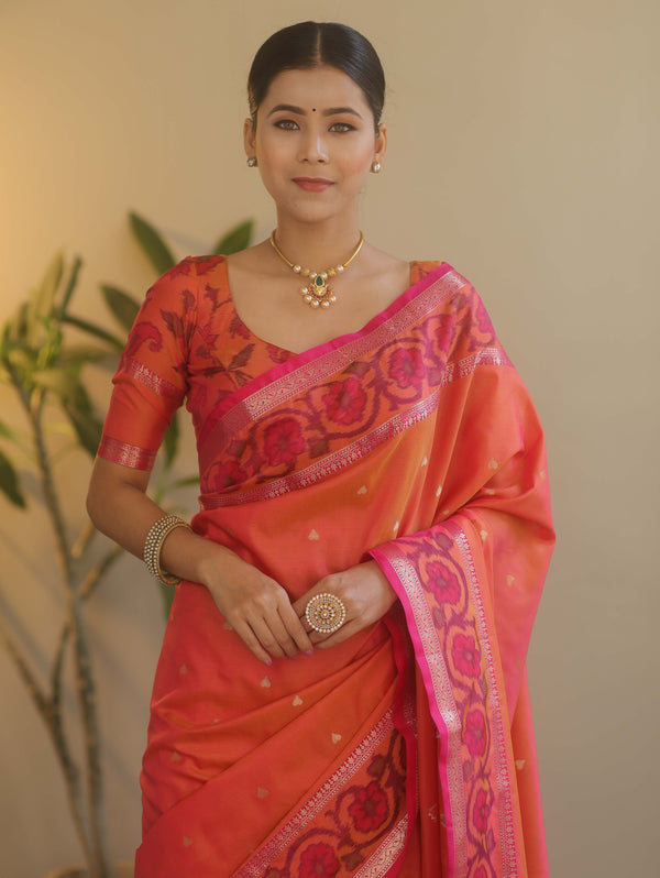 Banarasee Handwoven Semi Silk Ikkat Border Saree With Zari Buti & Border-Orange