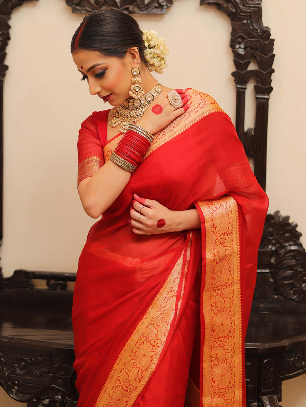 Banarasee Chiffon Floral Zari Border Saree-Red