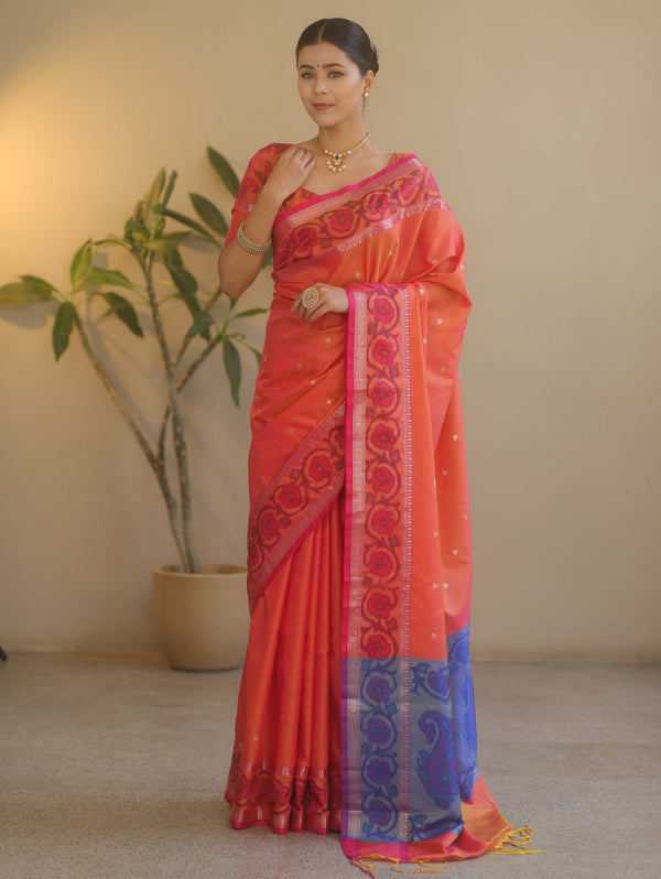 Banarasee Handwoven Semi Silk Ikkat Border Saree With Zari Buti & Border-Orange