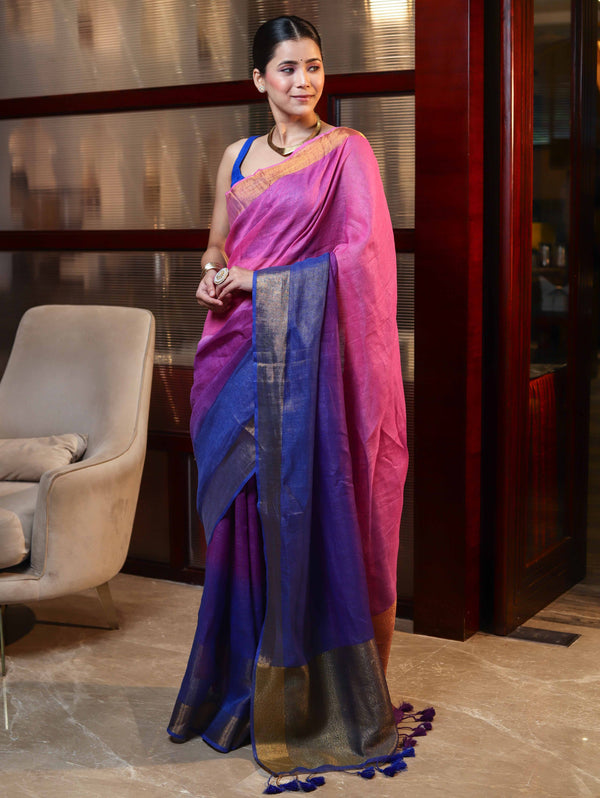 Banarasee Handloom Pure Linen Saree With Gold Zari Border-Multicolor