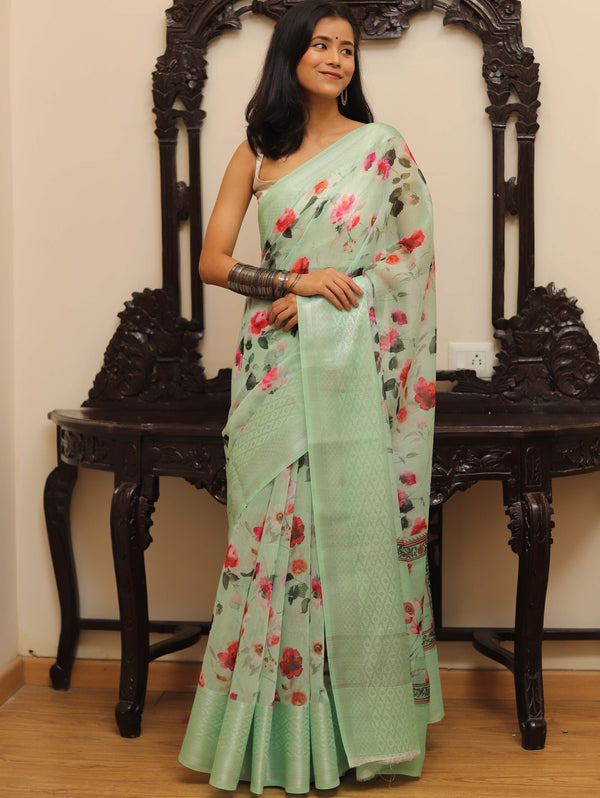 Banarasee Handloom Chanderi Digital Print Saree With Silver Zari Design-Pastel Green