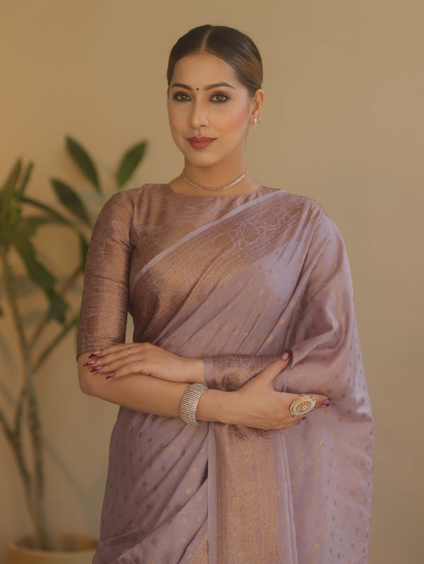 Banarasee Handwoven Semi Silk Saree With Antiue Zari Buti & Border-Mauve
