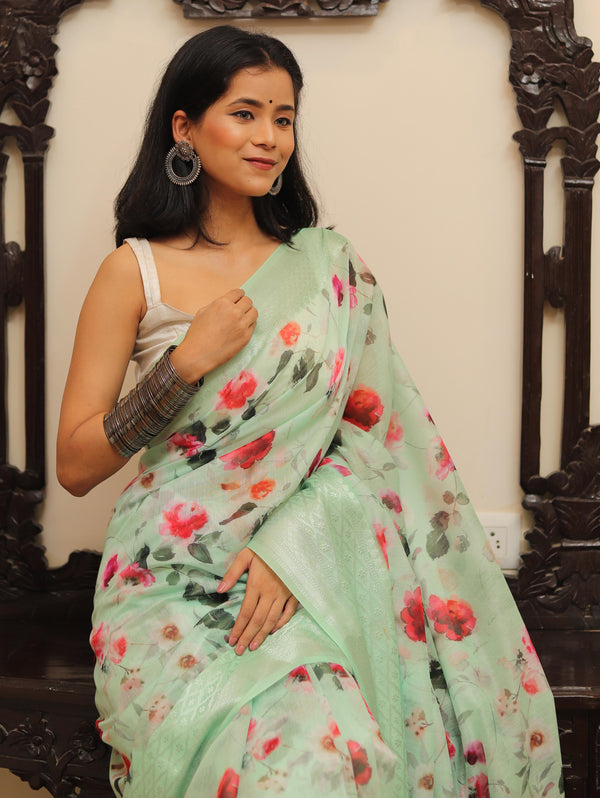 Banarasee Handloom Chanderi Digital Print Saree With Silver Zari Design-Pastel Green