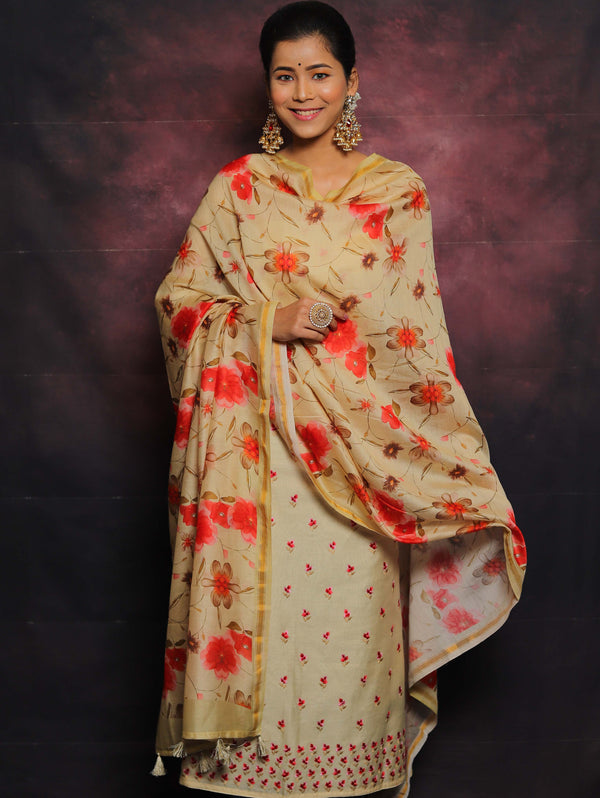 Banarasee Chanderi Cotton Embroidered Salwar Kameez Fabric With Digital Print Dupatta-Yellow