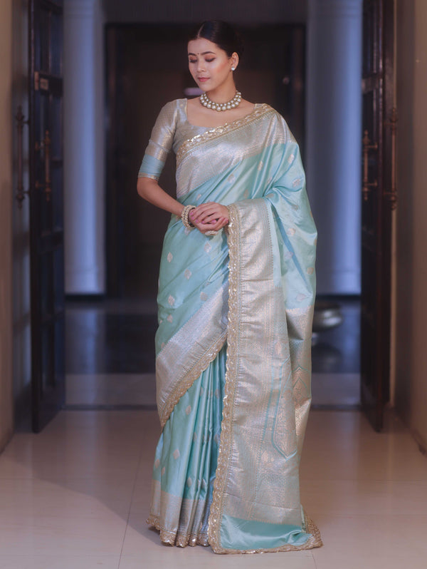 Banarasee Handloom Mashru Silk Saree Zari Border With Lace-Sea Green