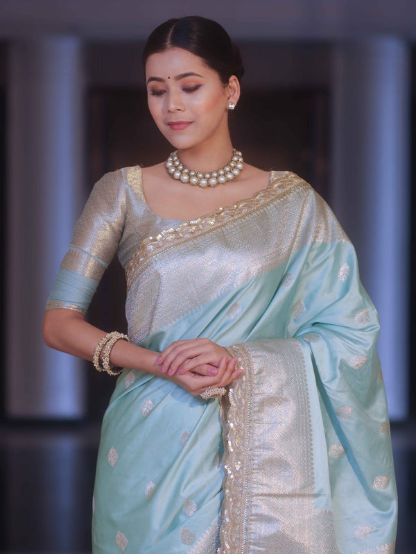 Banarasee Handloom Mashru Silk Saree Zari Border With Lace-Sea Green