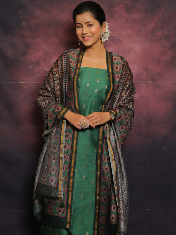 Banarasee Handloom Chanderi Silk Salwar Kameez With Zari Work & Digital Print Dupatta-Green