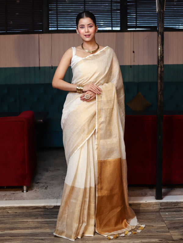 Banarasee Handloom Pure Linen Shine Saree-Multicolor