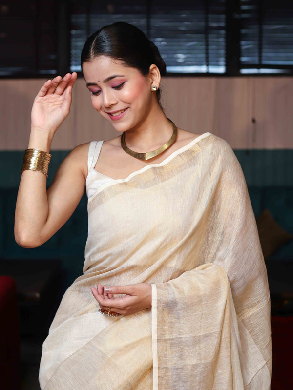 Banarasee Handloom Pure Linen Shine Saree-Multicolor