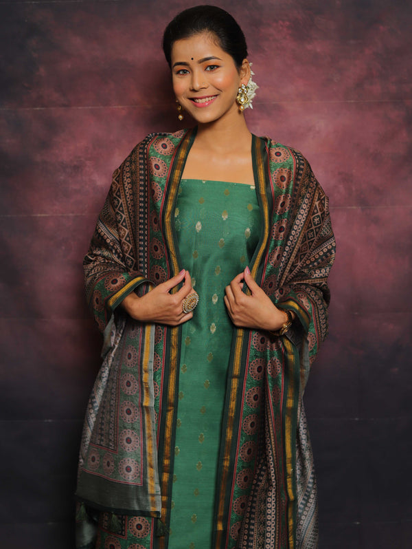 Banarasee Handloom Chanderi Silk Salwar Kameez With Zari Work & Digital Print Dupatta-Green
