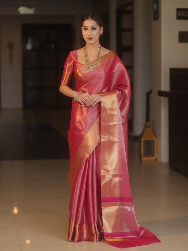Banarasee Handwoven Tissue Zari Saree With Gold Broder-Pink