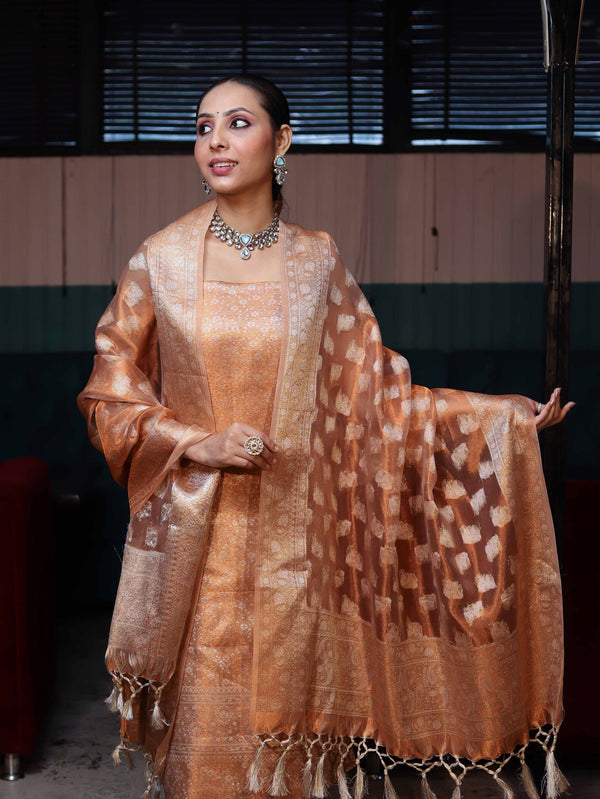 Banarasee Tissue Zari Weaving Salwar Kameez Fabric With Dupatta Set-Rust