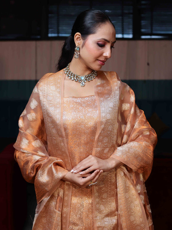 Banarasee Tissue Zari Weaving Salwar Kameez Fabric With Dupatta Set-Rust