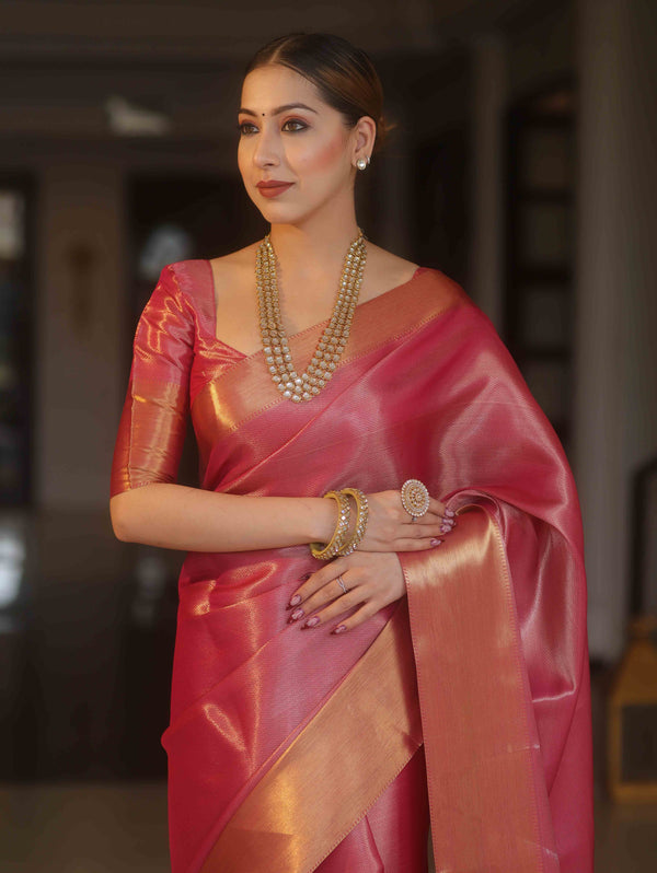 Banarasee Handwoven Tissue Zari Saree With Gold Broder-Pink