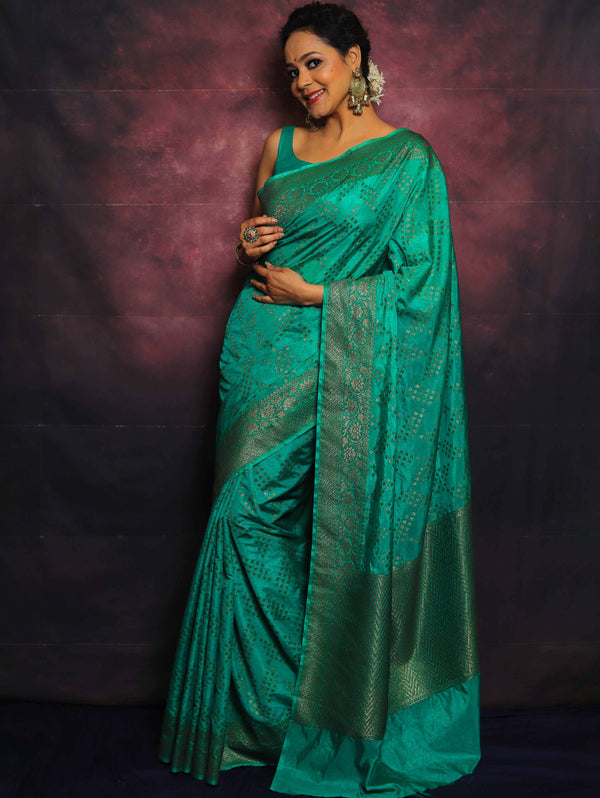 Banarasee Semi-Chiffon Antique Zari Saree-Teal Green