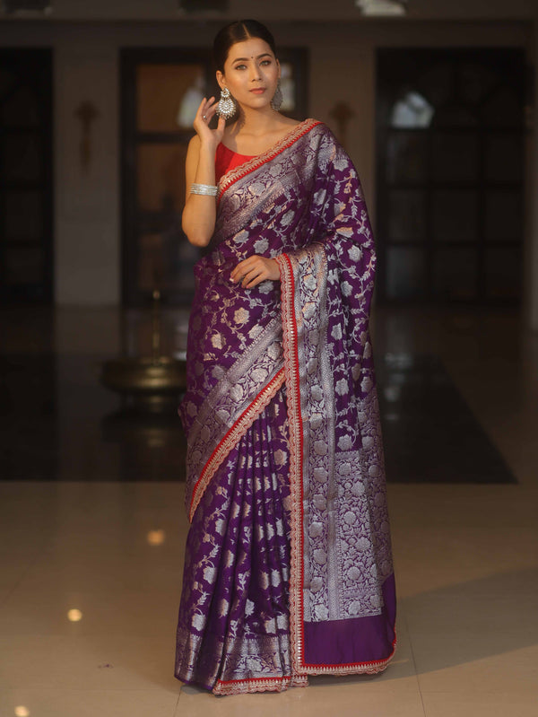 Banarasee Handwoven Georgette Saree Zari Jaal Design With Contrast Lace-Violet