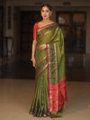 Banarasee Handwoven Semi Silk Ikkat Border Saree With Zari Buti & Border-Green