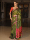 Banarasee Handwoven Semi Silk Ikkat Border Saree With Zari Buti & Border-Green
