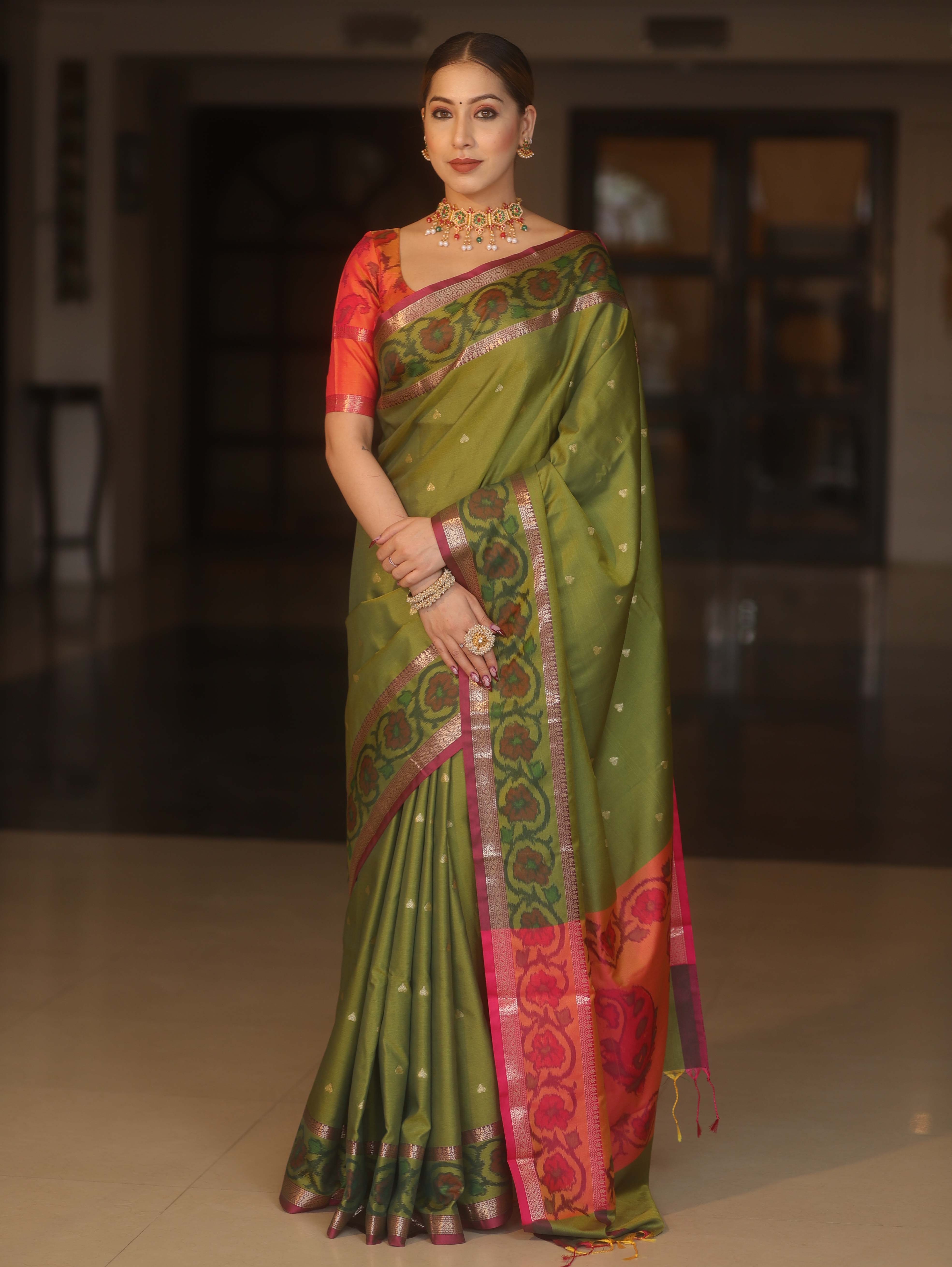Banarasee Handwoven Semi Silk Ikkat Border Saree With Zari Buti & Border-Green