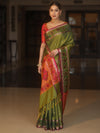 Banarasee Handwoven Semi Silk Ikkat Border Saree With Zari Buti & Border-Green