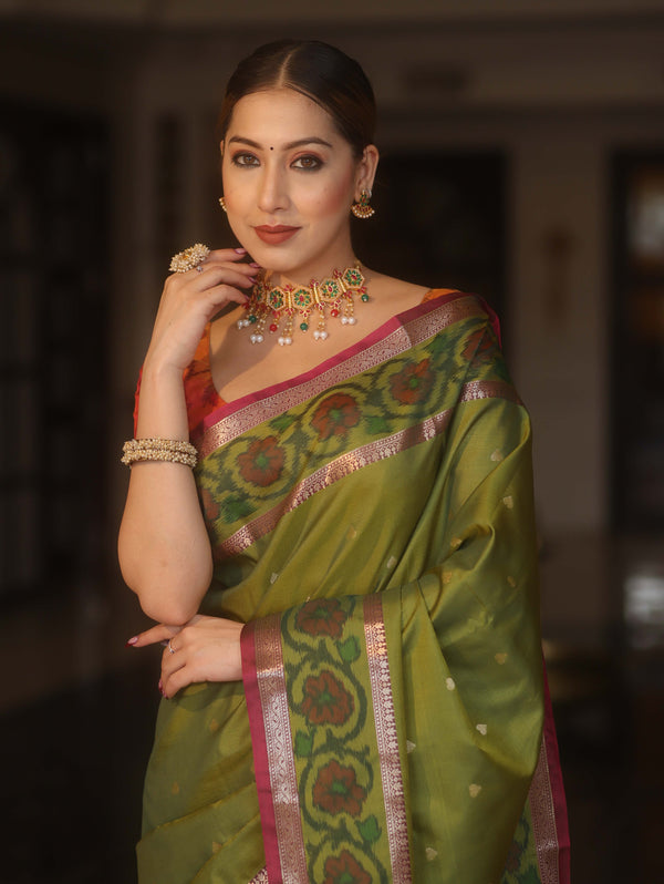 Banarasee Handwoven Semi Silk Ikkat Border Saree With Zari Buti & Border-Green