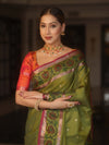 Banarasee Handwoven Semi Silk Ikkat Border Saree With Zari Buti & Border-Green