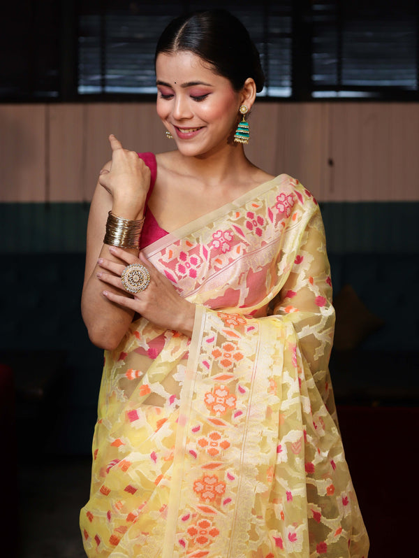 Banarasee Organza Mix Saree With Zari Jaal Design-Yellow