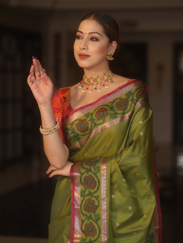 Banarasee Handwoven Semi Silk Ikkat Border Saree With Zari Buti & Border-Green