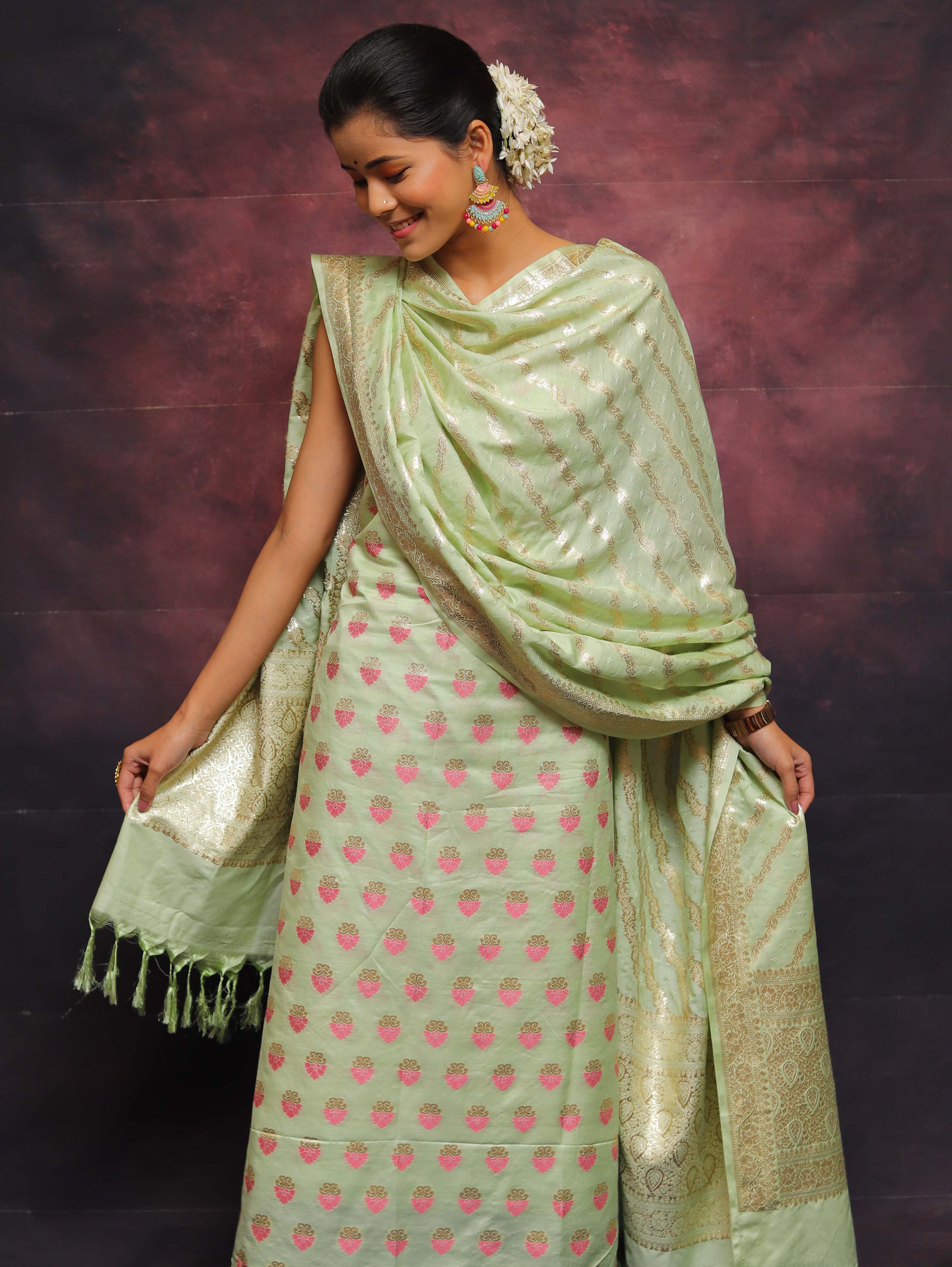 Banarasee Chanderi Cotton Zari & Meena Work Salwar Kameez Dupatta Set-Green