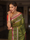 Banarasee Handwoven Semi Silk Ikkat Border Saree With Zari Buti & Border-Green