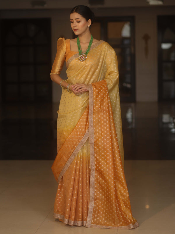 Banarasee Handwoven Tissue Dual Color Saree With Zari Buta & Lace-Yellow