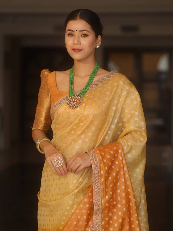 Banarasee Handwoven Tissue Dual Color Saree With Zari Buta & Lace-Yellow