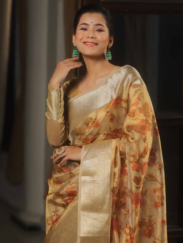 Banarasee Handwoven Tissue Saree With Printed Floral Design-Gold