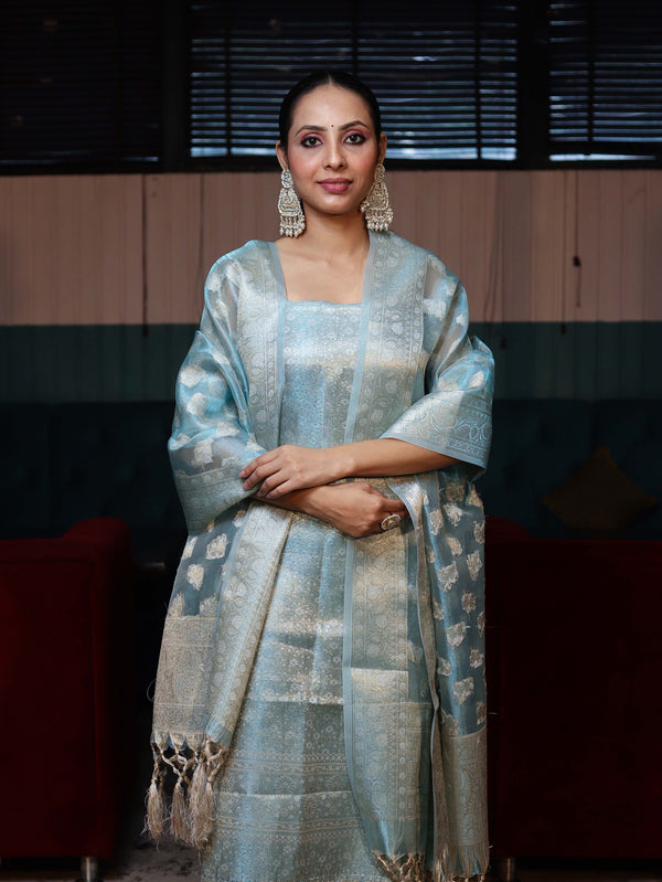 Banarasee Tissue Zari Weaving Salwar Kameez Fabric With Dupatta Set-Sky Blue