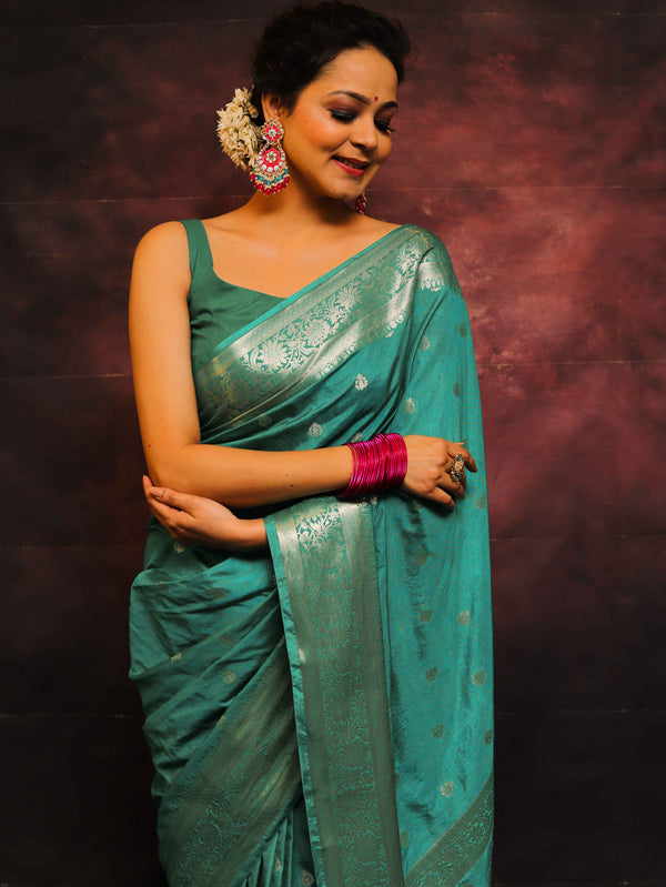 Banarasee Handwoven Semi-Chiffon Saree With Zari Work-Teal Blue