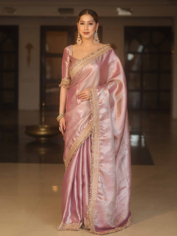 Banarasee Handwoven Tissue Zari Saree With Lace-Lilac
