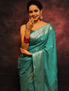 Banarasee Handwoven Semi-Chiffon Saree With Zari Work-Teal Blue