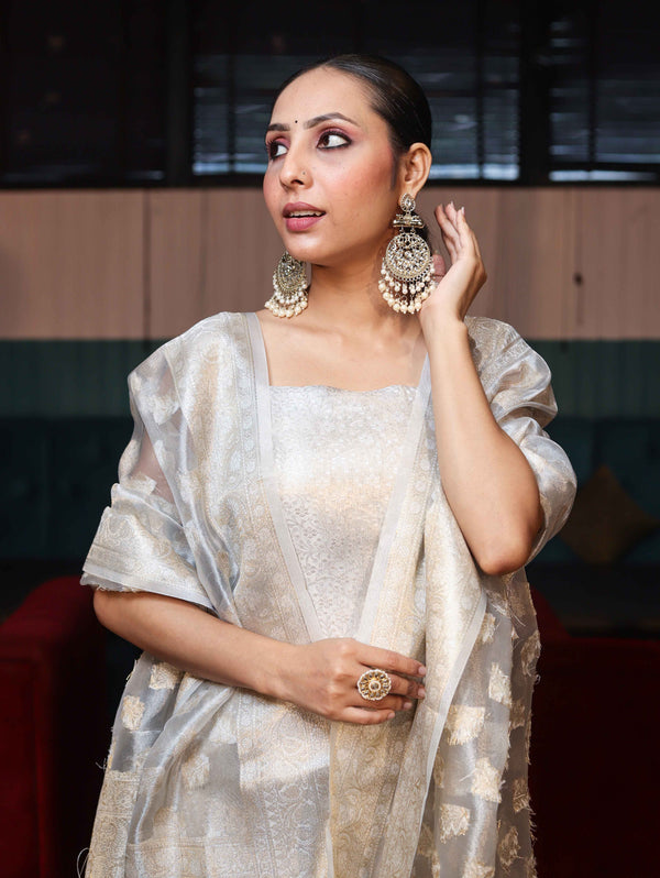 Banarasee Tissue Zari Weaving Salwar Kameez Fabric With Dupatta Set-Silver