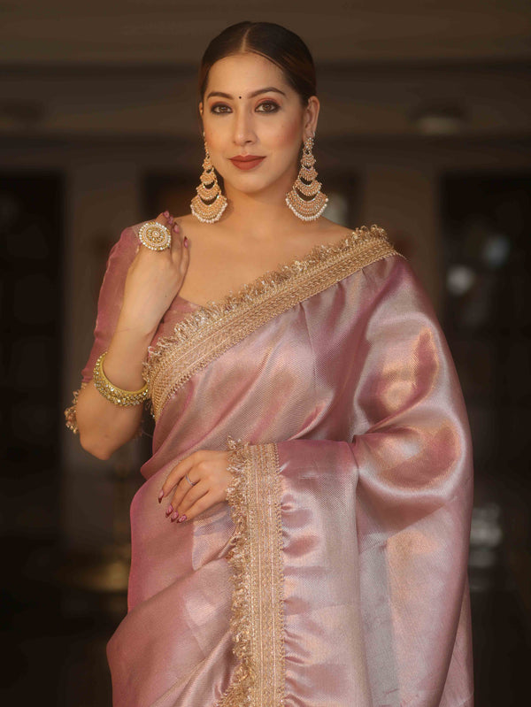 Banarasee Handwoven Tissue Zari Saree With Lace-Lilac