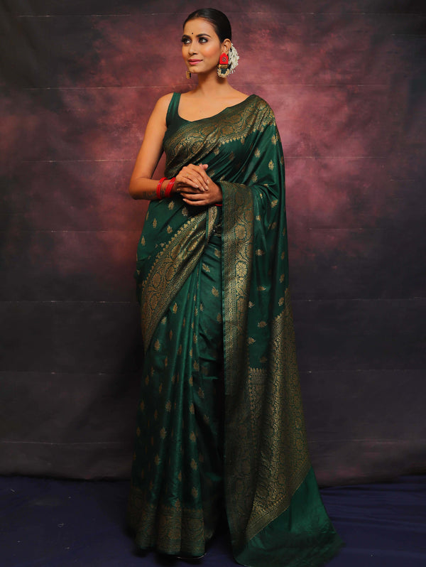 Banarasee Semi-Chiffon Saree With Antique Gold Zari Work-Green