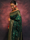 Banarasee Semi-Chiffon Saree With Antique Gold Zari Work-Green