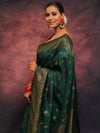 Banarasee Semi-Chiffon Saree With Antique Gold Zari Work-Green