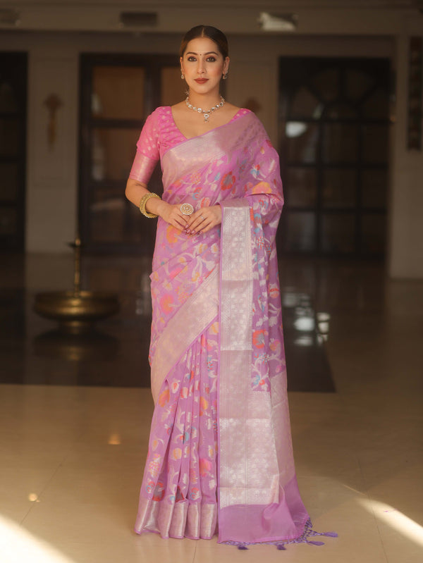 Banarasee Semi-Georgette Saree Meena Jaal Design With Silver Zari Border Design-Lavender