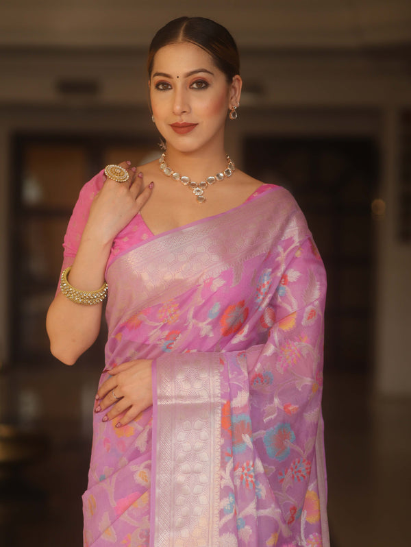 Banarasee Semi-Georgette Saree Meena Jaal Design With Silver Zari Border Design-Lavender