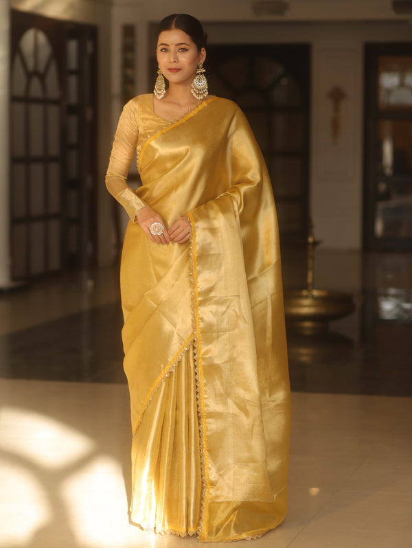Banarasee Handwoven Tissue Zari Saree With Lace-Gold
