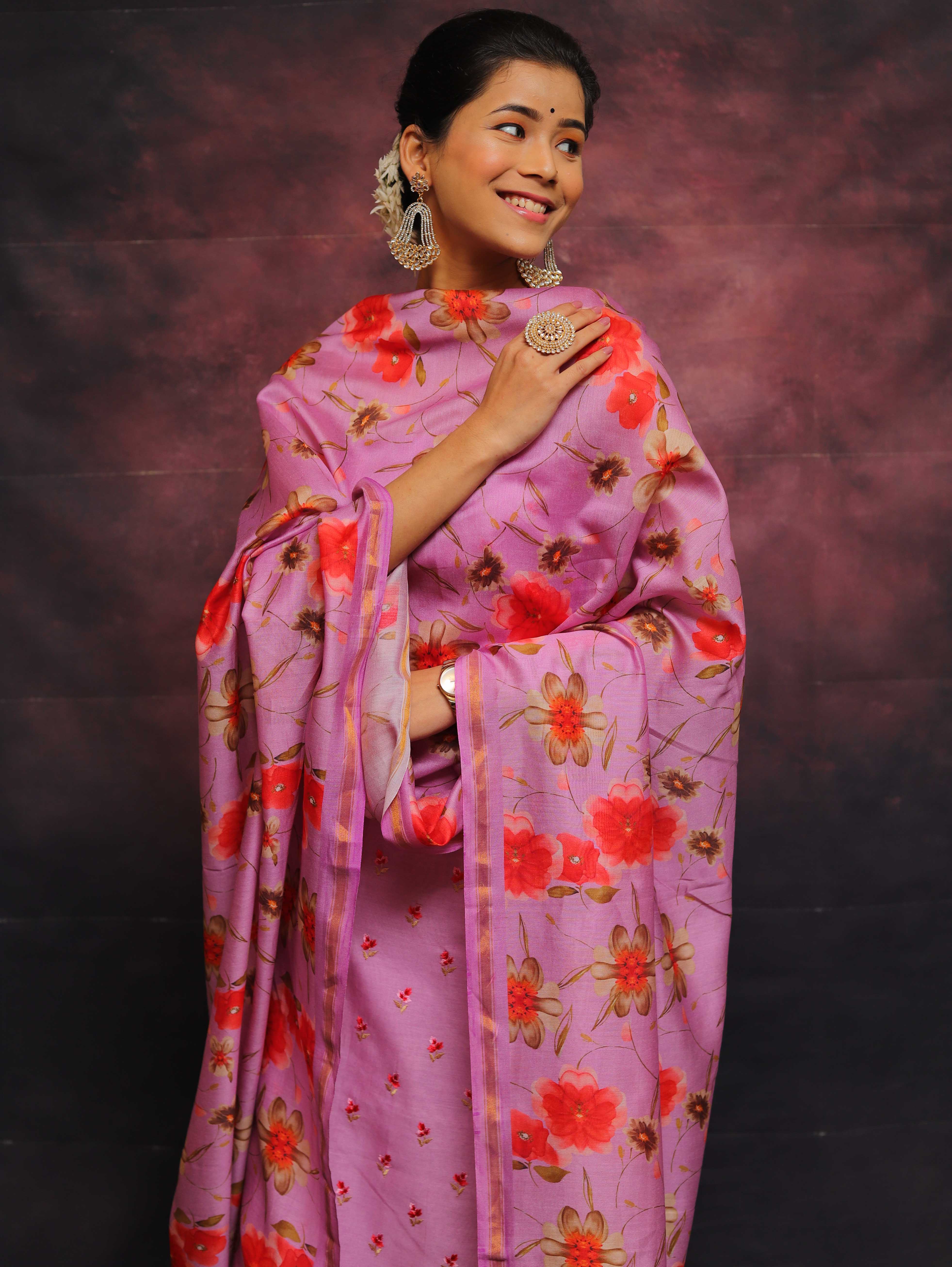 Banarasee Chanderi Cotton Embroidered Salwar Kameez Fabric With Digital Print Dupatta-Lilac