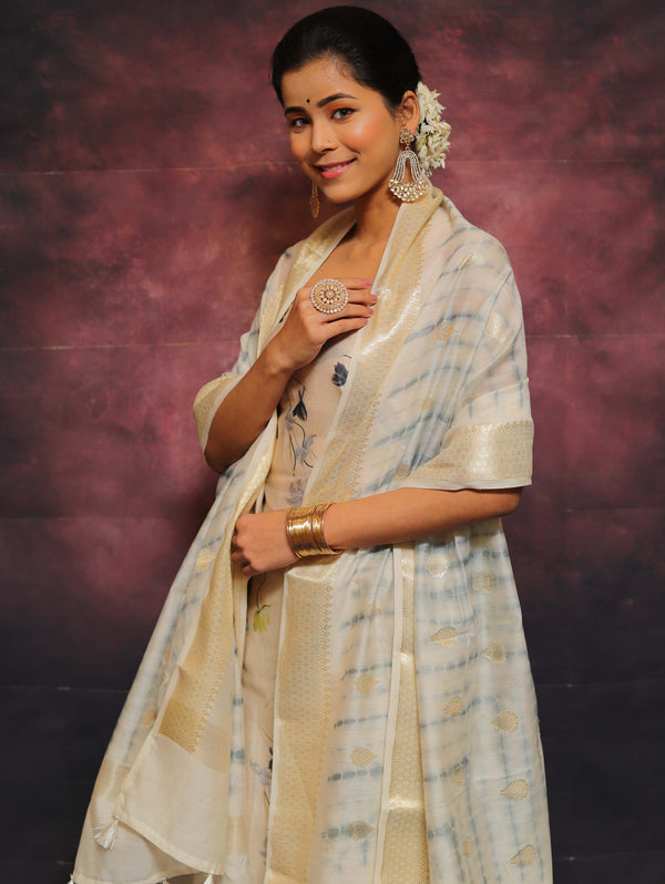 Banarasee Pure Chanderi Salwar Kameez Fabric With Digital Print Work & Shibori Dupatta-Cream