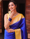 Banarasee Handloom Pure Chiniya Silk Saree With Zari Work & Contrast Border-Blue & Yellow