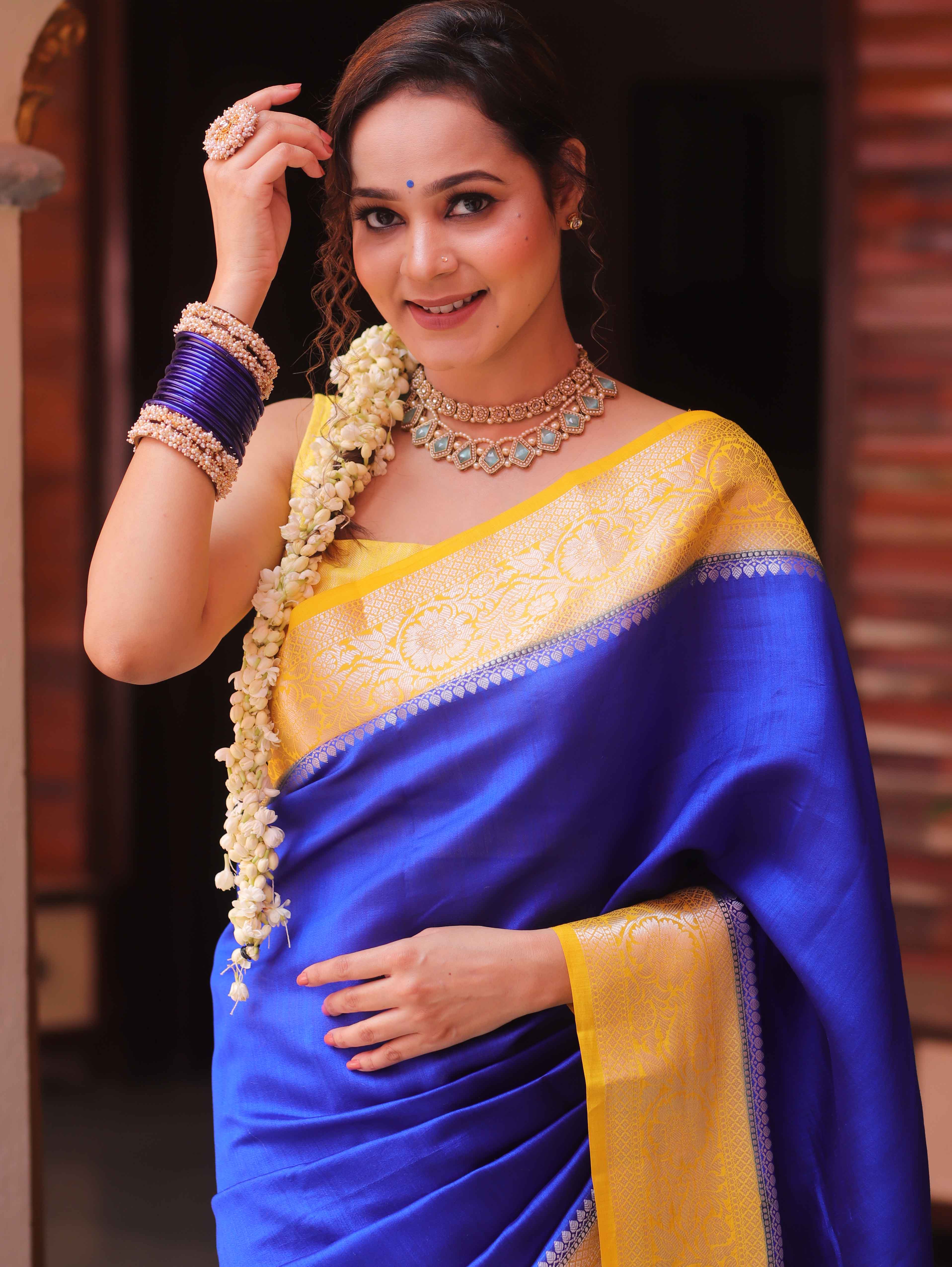 Banarasee Handloom Pure Chiniya Silk Saree With Zari Work & Contrast Border-Blue & Yellow