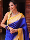 Banarasee Handloom Pure Chiniya Silk Saree With Zari Work & Contrast Border-Blue & Yellow